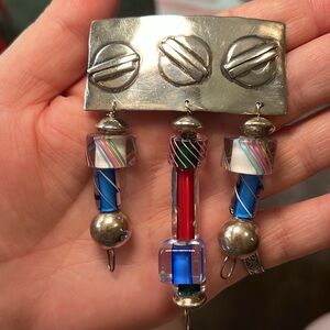 Unique VTG Large Sterling Silver Murano Latticino Glass Dangle Modernist Brooch